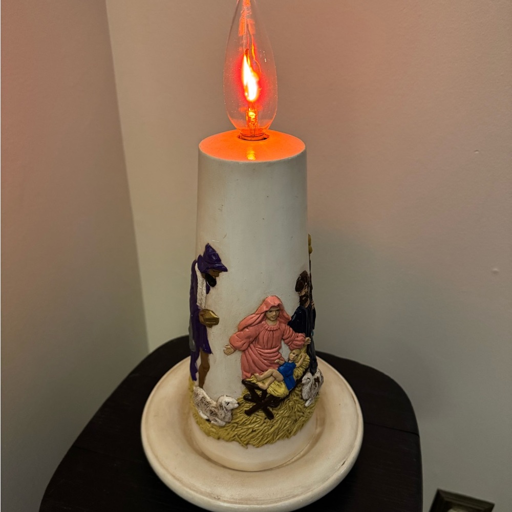 Vintage Ceramic Candle with Nativity Scene & flicker bulb